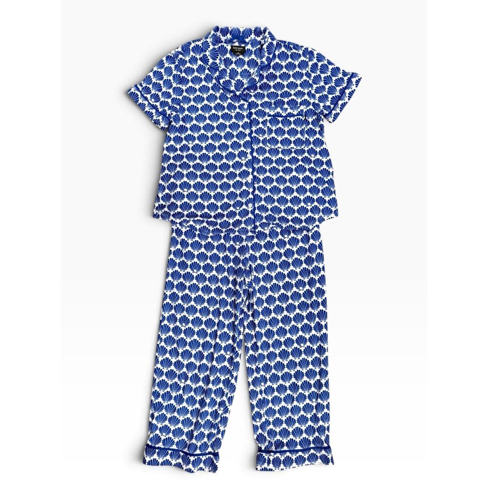 Kate Spade New York Seashell Print Pajama Set Large Blue White Button Up Pants - Picture 2 of 10